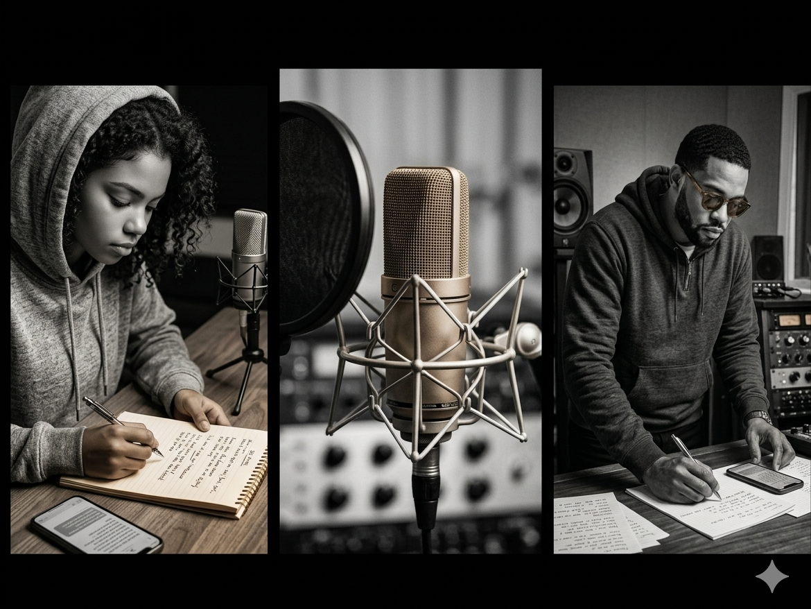 Deux artistes composent de la musique, avec un microphone au centre.