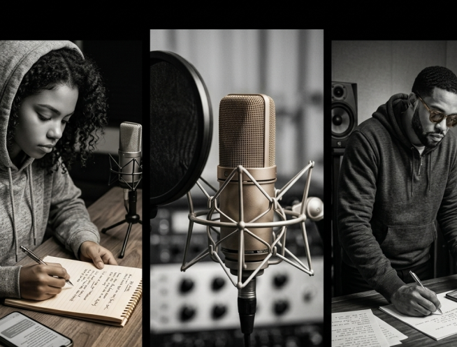 Deux artistes composent de la musique, avec un microphone au centre.