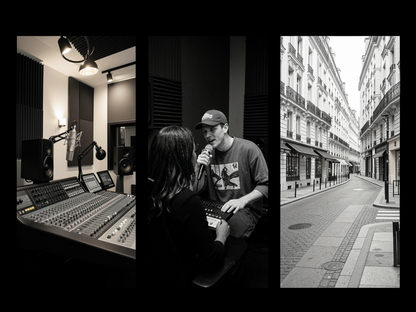 Studios d'enregistrement, une personne auditrice et une rue vide en noir et blanc.