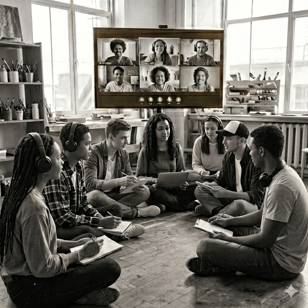 Séquence en trois parties : groupe assis, table de mixage, chanteur avec microphone.