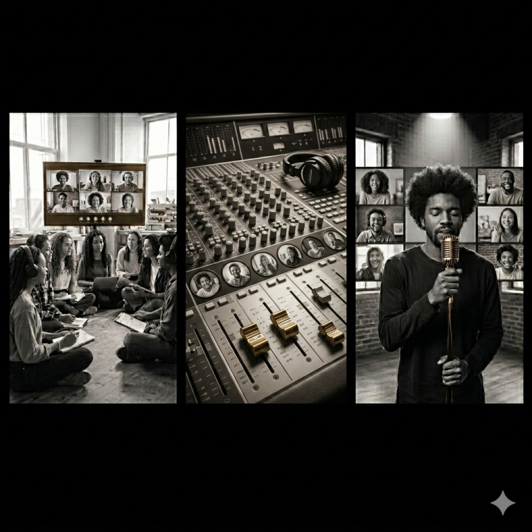 Séquence en trois parties : groupe assis, table de mixage, chanteur avec microphone.