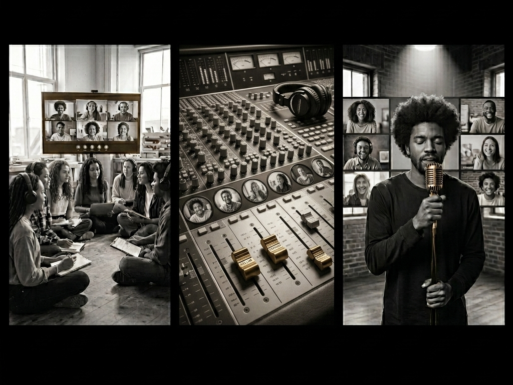 Trois scènes : un groupe en discussion, une table de mixage, un chanteur avec un micro.